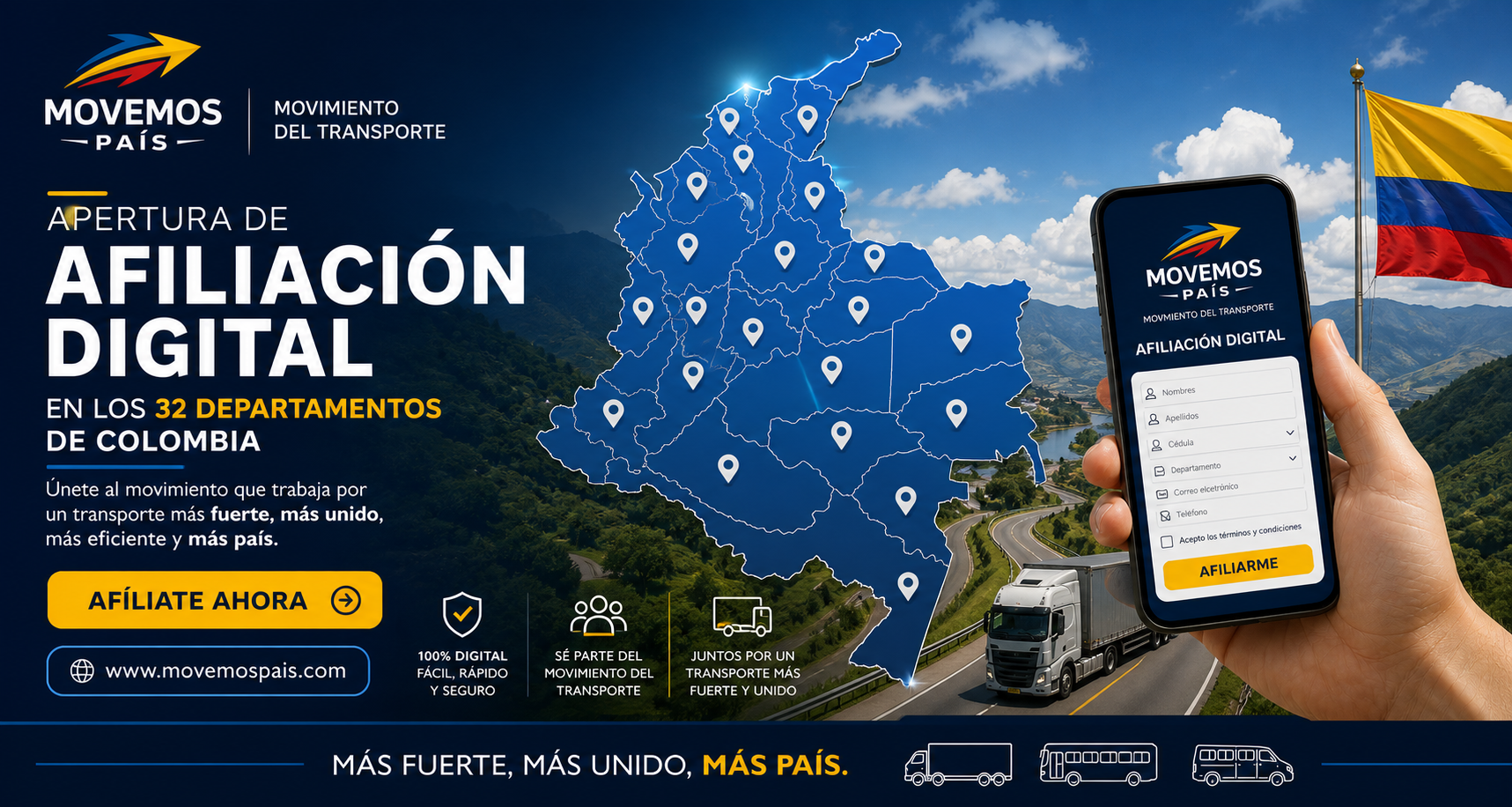 Apertura de afiliación digital de Movemos País en los 32 departamentos de Colombia