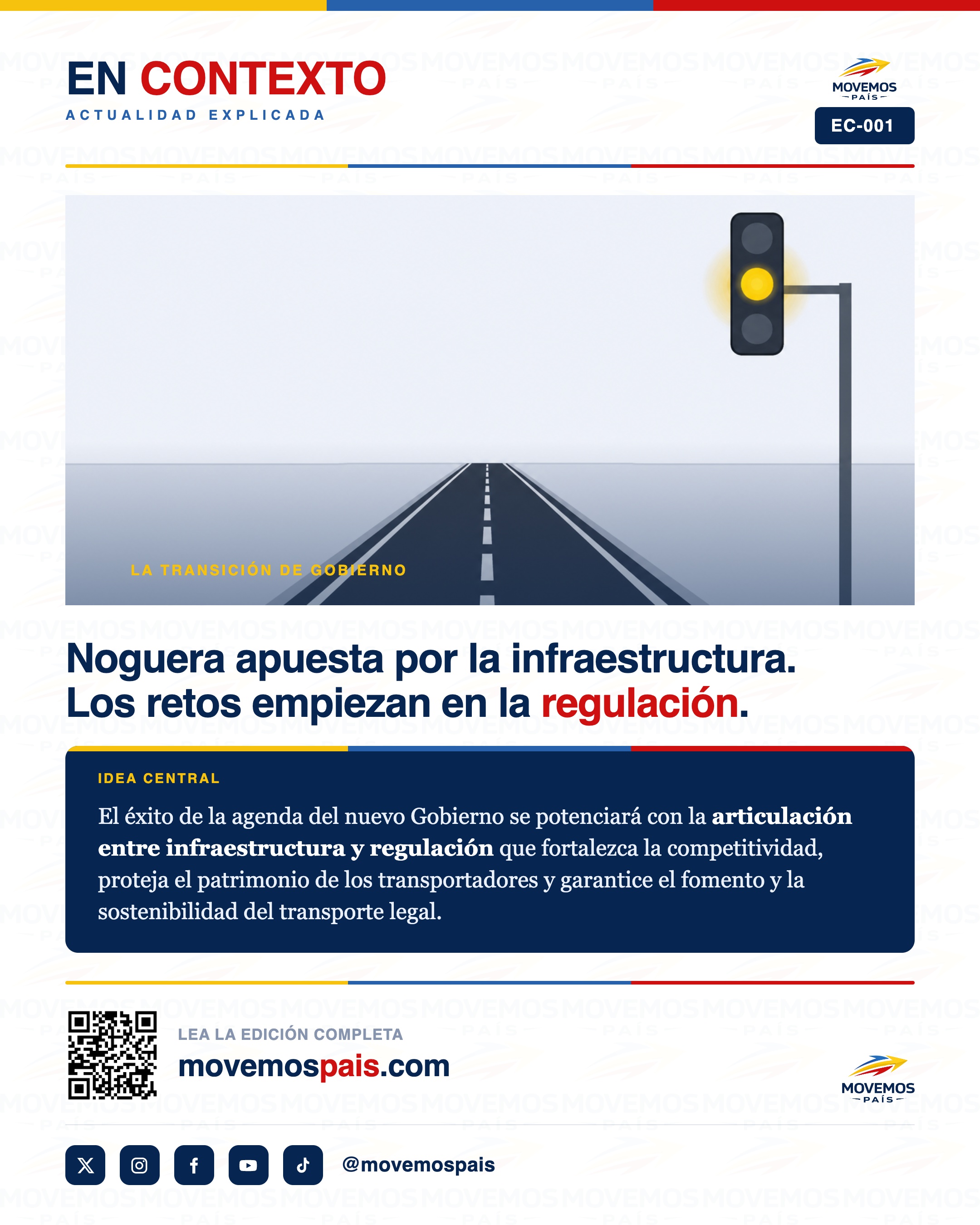 Portada de la edición EC-001 de En Contexto: Elsa Noguera, ministra de Transporte designada, apuesta por la infraestructura; los primeros retos empiezan en la regulación.