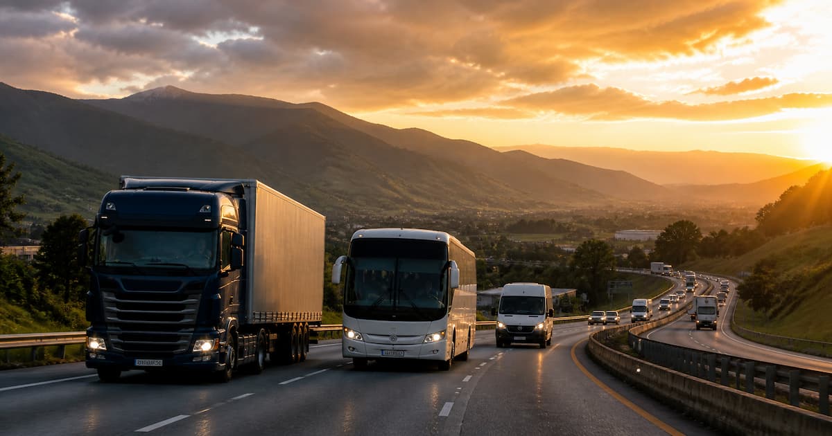 Carretera colombiana al atardecer con camión de carga, bus de pasajeros y van — los tres subsectores del transporte que mueven a Colombia