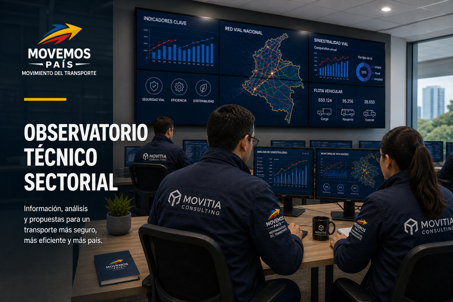 Equipo de Movitia Consulting trabajando en el Observatorio Técnico Sectorial — dashboards con indicadores clave, red vial nacional, siniestralidad vial y flota vehicular